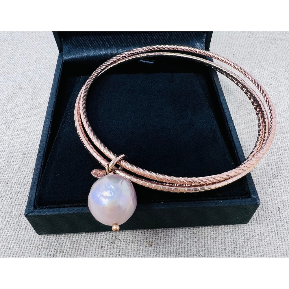 Honora Bronze Italy Rose Gold Tone Triple Bangle Bracelet Baroque Pearl Charm